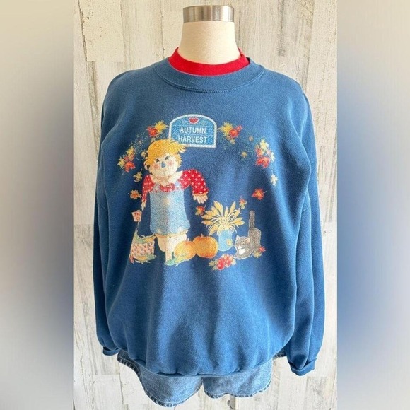 Vintage fall scarecrow sweatshirt made in USA 2X fall pumpkins cat see photos - Picture 1 of 8